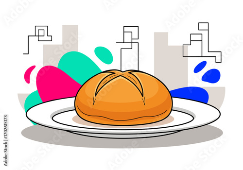 Delicious freshly baked round bread roll served on a white plate with abstract shapes in the background
