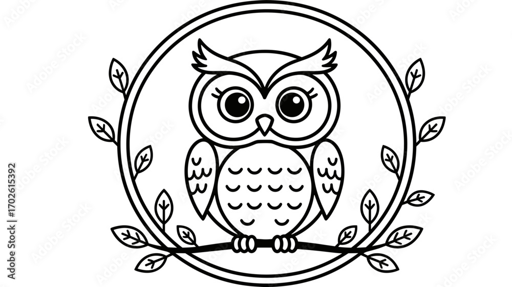 Fototapeta premium Owl illustration for kids coloring page in black and white 