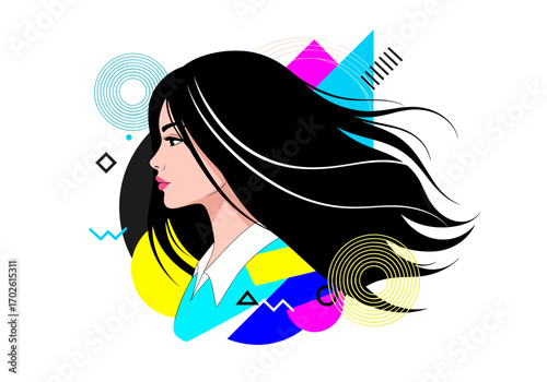 Abstract pop art portrait of a woman with flowing hair and geometric shapes vibrant colors