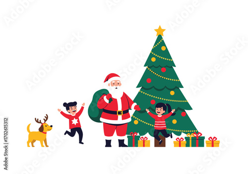 Santa claus with children and a dog near a decorated christmas tree with presents for a joyful holiday celebration