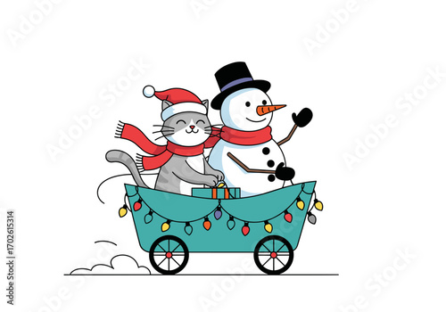 Festive feline and frosty friend ride in a joyful holiday wagon full of presents and twinkling lights