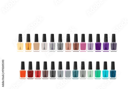 A collection of various colored nail polish bottles arranged in two rows
