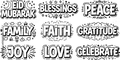 Inspirational Words:  A curated collection of heartfelt sentiments, including Eid Mubarak, Blessings, Peace, Family, Faith, Gratitude, Joy, Love, and Celebrate.