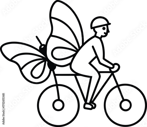 Whimsical cyclist with butterfly wings riding a bicycle illustration in black and white on white background