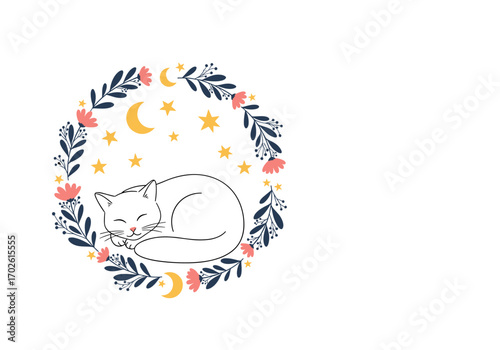 Enchanting celestial wreath embracing a sleeping feline companion under the starlit sky