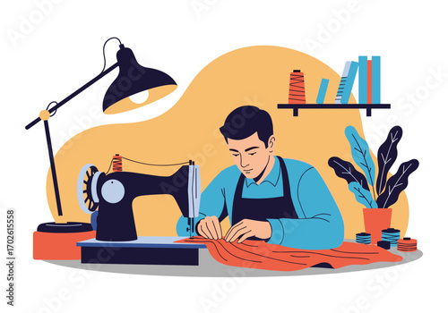 Skilled tailor diligently working on a sewing machine with fabric and tools around him in his cozy workshop