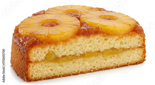 pineapple upside-down cake slice isolated on white background for dessert or bakery presentation