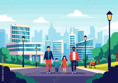 Diverse family walking together enjoying a sunny day in a lush city park with modern buildings in the background