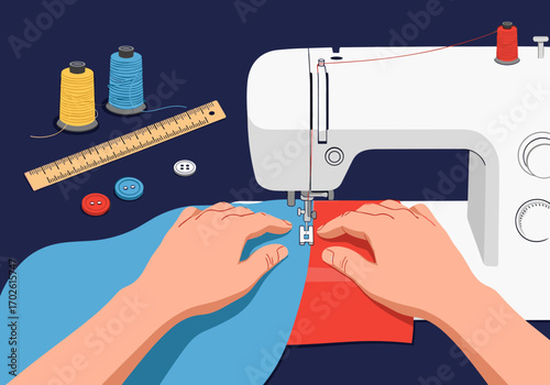 Close-up view of hands operating a sewing machine stitching two pieces of fabric together with a ruler and thread spools nearby demonstrating the art of tailoring and dressmaking