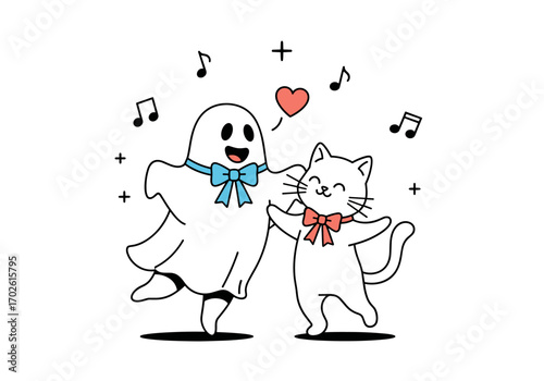 A whimsical celebration of friendship between a playful ghost and a joyful cat dancing together