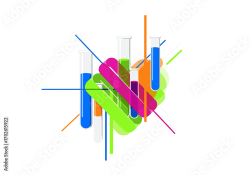 Abstract representation of scientific research and chemical experiments with colorful liquid samples in test tubes and geometric shapes on white background