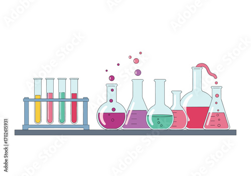 Colorful chemical laboratory equipment and scientific experiments illustrating chemistry concepts and research discoveries
