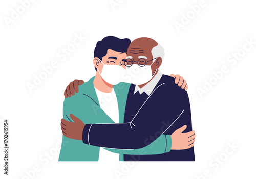 Intergenerational hug between two men wearing protective face masks showing care and unity during challenging times