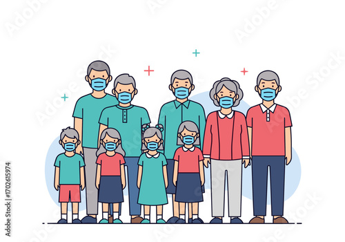 Diverse group of people wearing protective face masks to prevent virus spread illustrating community health and safety measures during a pandemic