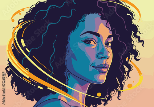A vibrant portrait captures the spirit of a woman with curly hair and energetic swirls of light around her head