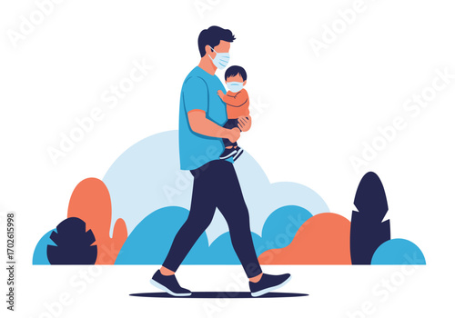 Father wearing a face mask walks outside carrying his child who is also wearing a face mask for protection during the pandemic