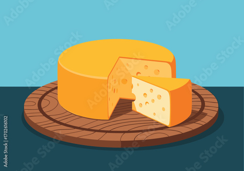 A round block of yellow cheese with a slice cut out resting on a wooden board