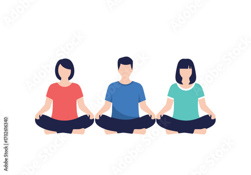 Three diverse people meditating together in a peaceful group yoga session focusing on inner calm and serenity