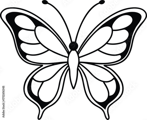 Simple Black and White Butterfly Illustration for Coloring or Design Use on white background