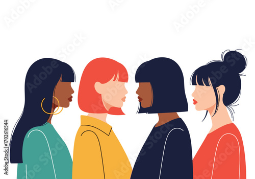 Diverse group of women from different backgrounds and cultures standing together in unity celebrating sisterhood