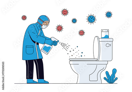 Professional sanitation worker in protective gear disinfecting a toilet bowl with spray bottle surrounded by virus icons symbolizing germ spread and hygiene practices