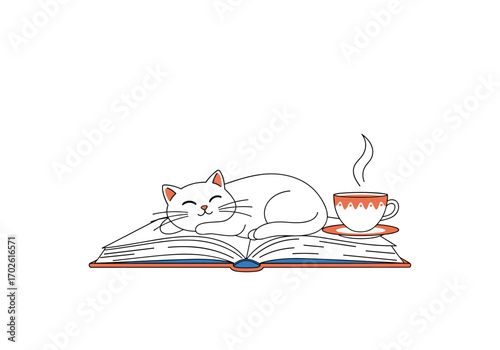 A cozy cat napping peacefully on an open book enjoying a steaming cup of coffee while relaxing