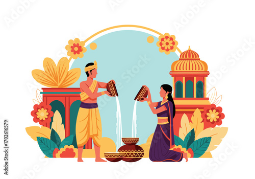 Traditional indian couple performing sacred ritualistic pouring of water during a festival celebration