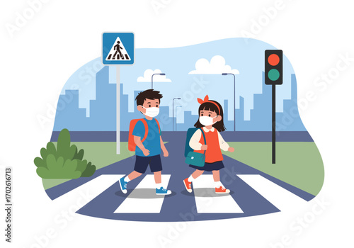 Children wearing face masks cross a street safely at a pedestrian crossing with backpacks on their way to school education safety awareness