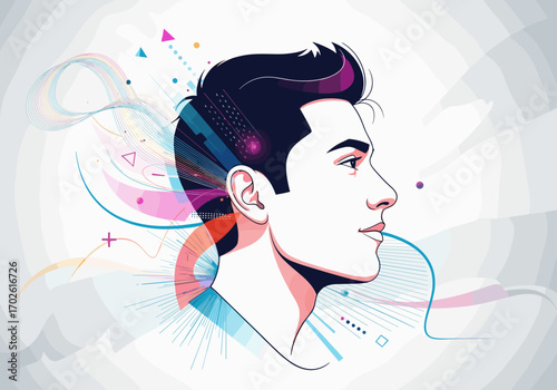 Abstract graphic design illustrating a young man's profile with colorful energetic elements and geometric shapes flowing around his head