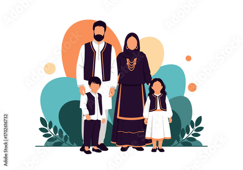 Diverse family standing together against abstract organic shapes and greenery background elements
