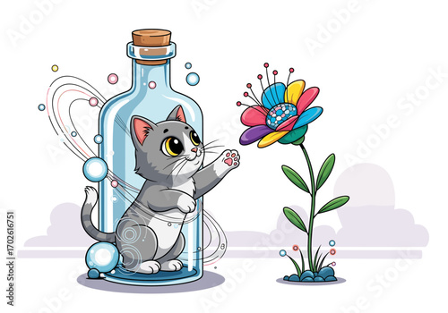 Curious kitten trapped in a bottle reaches for a vibrant rainbow flower growing outside