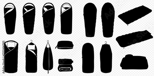 Black silhouettes illustrating a diverse range of sleeping bags, sleeping mats, and compact outdoor camping equipment, shown open, closed, and packed.