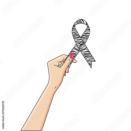 Female Hand Holding Zebra Print Ribbon Neuroendocrine Carcinoid Cancer Awareness Vector Illustration