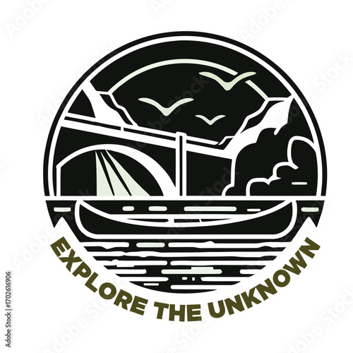 Mountain bridge boat birds adventure emblem exploration