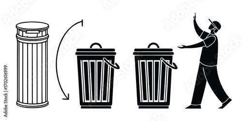Collection of diverse garbage and recycling bins for waste management and environmental awareness illustrations