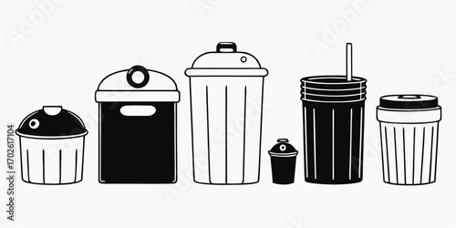Illustrations of various garbage and recycling bins for waste management and environmental concepts