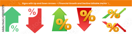  Flat 2D Percent Symbols with Green Up and Red Down Arrows — Finance Vector