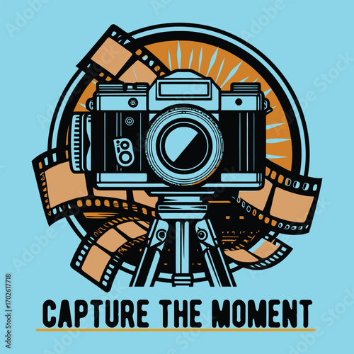 Vintage camera on tripod with film reel photography