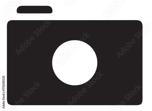 Vector art of a digital balck and white color camera icon with a lens, symbolizing photography and image technology