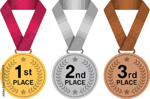 Gold, Silver, Bronze Medal Icon Set  First, Second, Third Place Award Badges