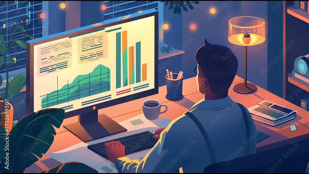 ilustracion hombre trabajando por la noche