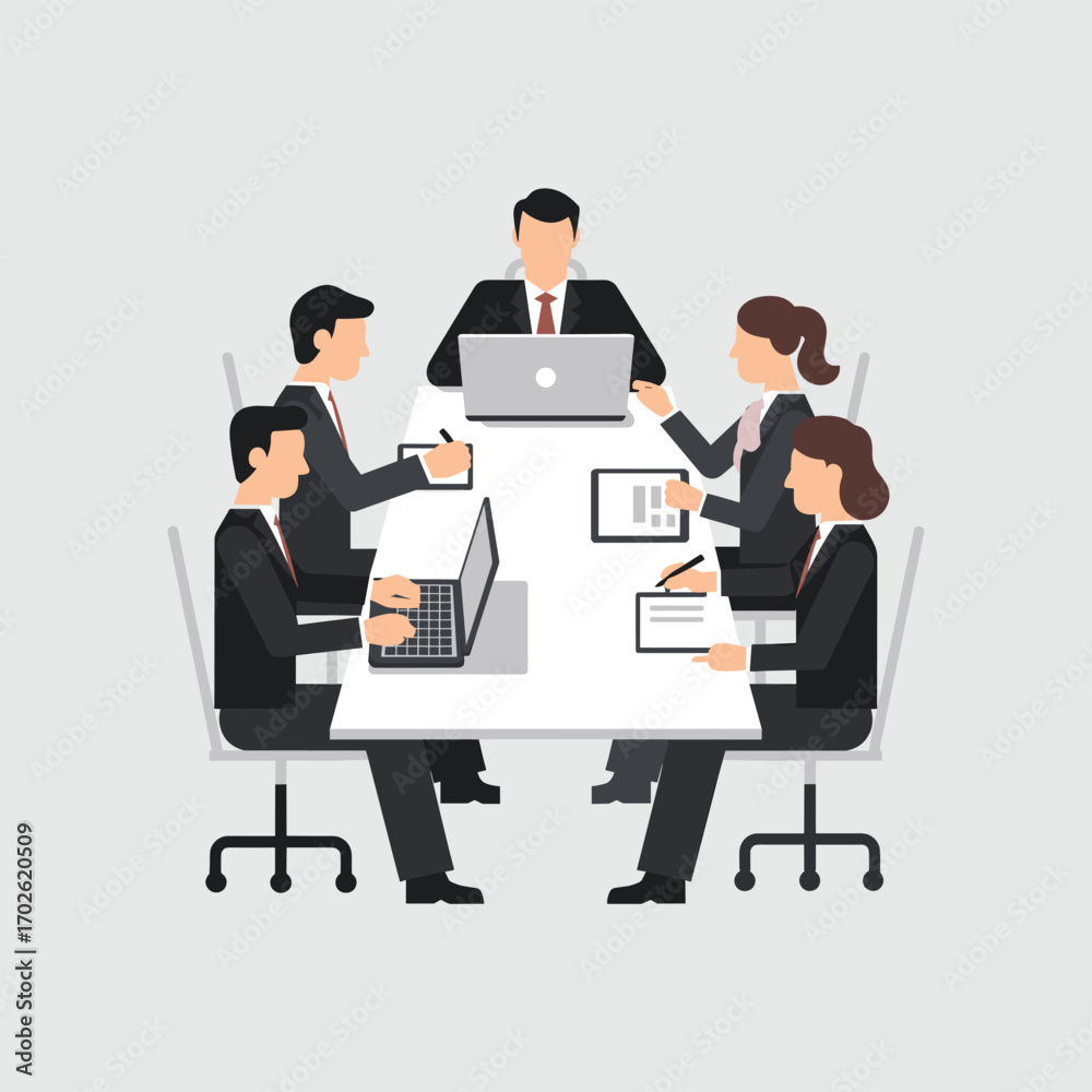 Fototapeta premium Business Team Meeting Around Table – Corporate Collaboration and Project Discussion Illustration