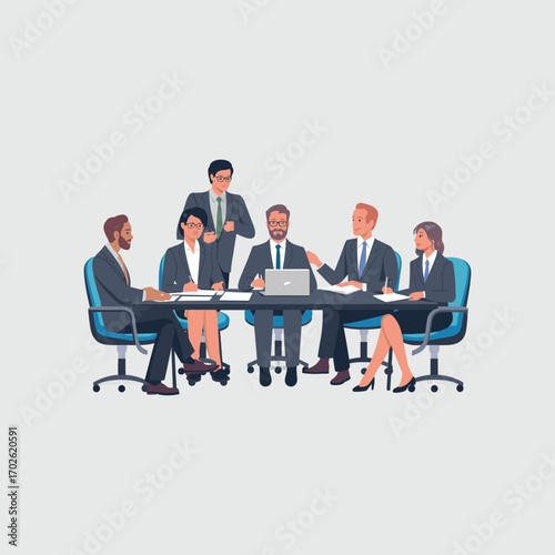 Business Team Meeting Around Conference Table – Corporate Discussion and Collaboration Illustration
