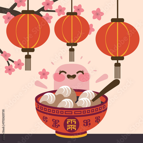 "Cute Tangyuan Character Illustration – Lantern Festival Bowl with Glutinous Rice Balls and Red Lanterns"cute tangyuan, tangyuan character, lantern festival food, yuanxiao festival, glutinous rice bal