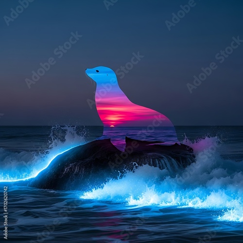 Sunset seal double exposure on a craggy isle in the ocean at twilight