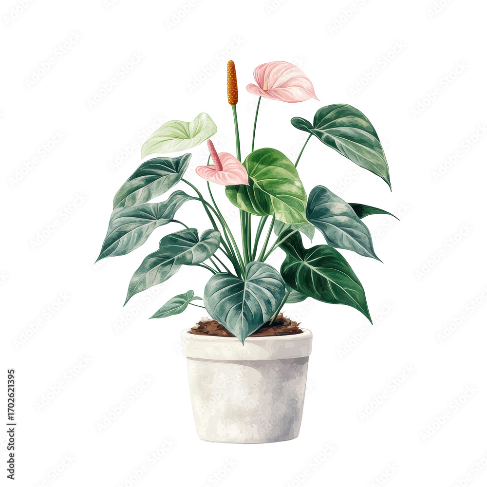 Fototapeta premium Potted anthurium plant, A healthy potted anthurium plant featuring lush green foliage and striking red blooms, displayed in a simple pot, isolated on transparent background