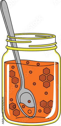 Honey jar with spoon and honeycomb pattern, natural sweetener clipart, kitchen ingredient element, vector illustration, isolated, cad drawing flat vector illustration