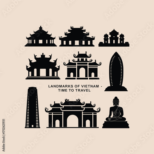 "Vietnam Landmarks Silhouette Collection – Pagodas, Temples, Buddha Statue, Cultural Heritage Vector"