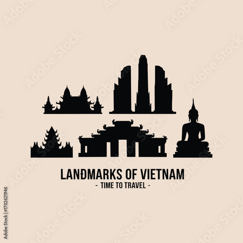 "Vietnam Landmarks Silhouette – Famous Monuments, Temples, Pagodas, Travel and Tourism Vector"