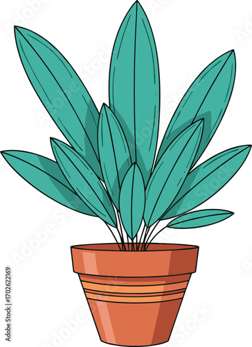 Potted plant with teal veined leaves, terracotta pot with stripe detail, indoor decor icon, cad drawing flat vector illustration